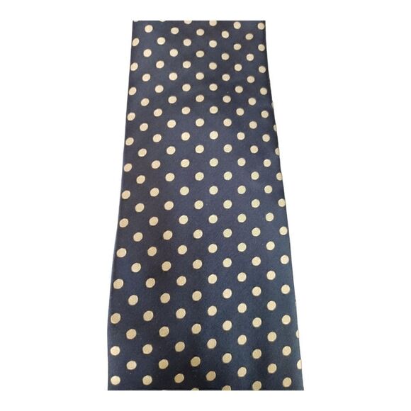 FORTINO LANDI TIE & POCKET SQUARE SET. NAVY BLUE & WHITE POLKA DOT POLY WOVEN. - Picture 2 of 5